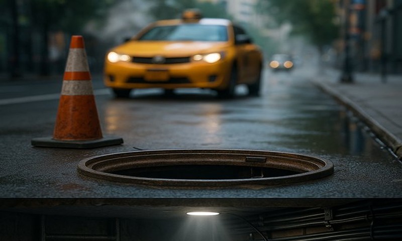 Open manhole cover on urban street with sensor monitoring system
